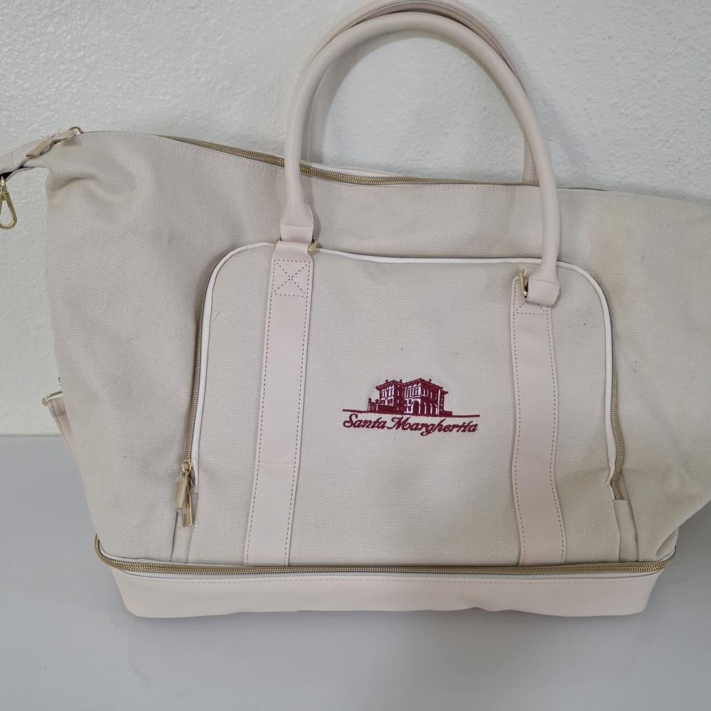 Cream Canvas Travel Tote with Wine Embroidery